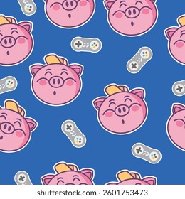 Cute Pig Boy and Game Controller in a Seamless Pattern