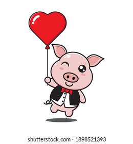 cute pig boy holding love balloon