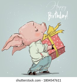 cute pig boy with present box