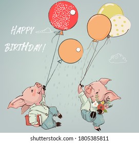 cute pig boys fly with balloons and flowers