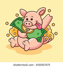 Cute Pig Bring Money Vector Icon Illustration. Animal Mascot Cartoon Character with Cute Pose