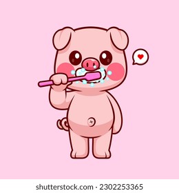 Cute Pig Brushing Teeth Cartoon Vector Icon Illustration. Animal Healthy Icon Concept Isolated Premium Vector. Flat Cartoon Style