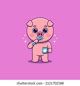 Cute Pig brushing teeth while holding mug