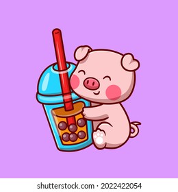 Cute Pig With Bubble Milk Tea Cartoon Vector Icon Illustration. Animal Drink Icon Concept Isolated Premium Vector. Flat Cartoon Style