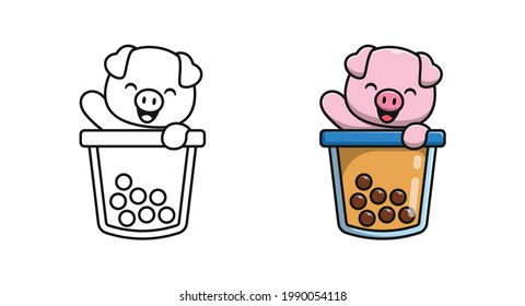 Cute pig with bubble tea cartoon coloring pages for kids