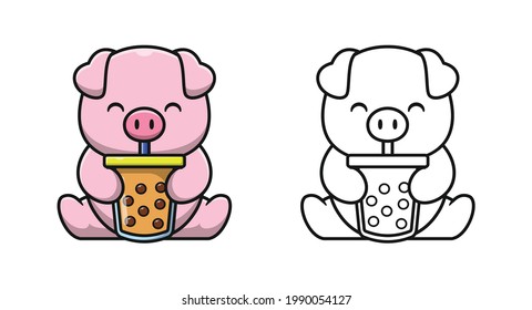 Cute pig with bubble tea cartoon coloring pages for kids