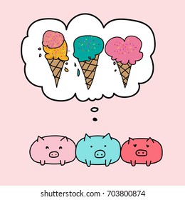 Cute Pig And Bubbles With Ice Cream.