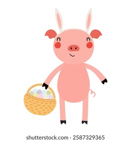 Cute pig with bunny ears, holding Easter eggs in basket character illustration. Hand drawn flat style design, isolated vector. Holiday clip art, kids print element, seasonal card, banner, poster