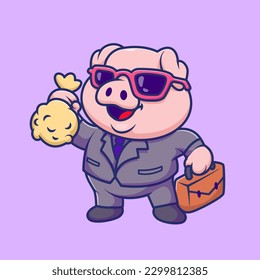 Cute Pig Businessman Holding Money Bag and Suitcase Cartoon Vector Icon Illustration. Animal Finance Icon Concept Isolated Premium Vector. Flat Cartoon Style