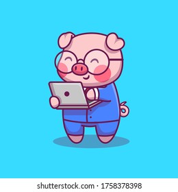 Cute Pig Businessman With Laptop Cartoon Vector Icon Illustration. Technology And Animal Icon Concept Isolated Premium Vector. Flat Cartoon Style