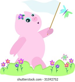 Cute Pig with Butterfly Net and Butterfly Vector