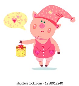 Cute pig with cake.Cartoon style vector illustration. Great design element for sticker, patch or poster. Unique and fun drawing. 