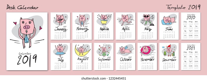 かわいい豚カレンダーテンプレート カレンダー 21 中国の卓上カレンダー 文字カレンダー 手描きの豚の漫画のベクターイラスト 12か月のセット 週の開始日 日曜日 文房具 カバー のベクター画像素材 ロイヤリティフリー