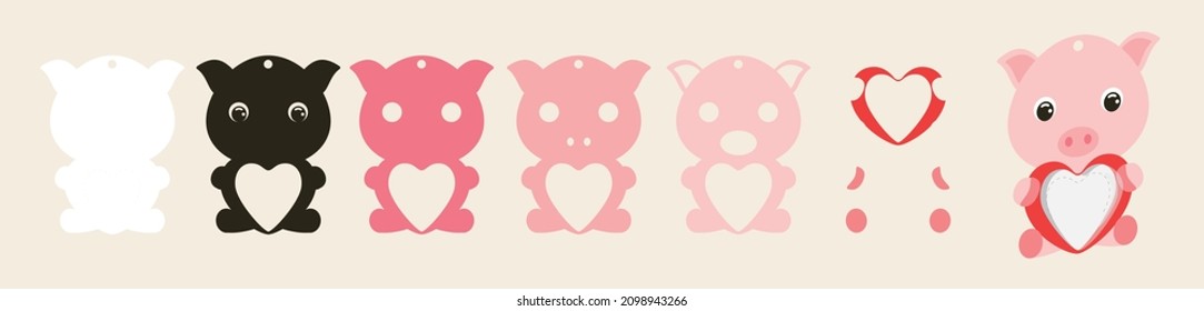 Cute pig candy ornament. Layered paper decoration treat holder for dome. Hanger for sweets, candy for birthday, baby shower, valentine days. Print, cut out, glue. Vector stock illustration