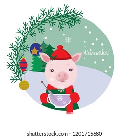 Cute pig in a cap drinking tea. Winter card.