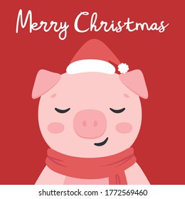 Cute pig card, merry christmas lettering quote. new year card, hand drawn cartoon background. Vector illustration.