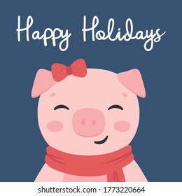 Cute pig card, merry christmas lettering quote. new year card, hand drawn cartoon background. Vector illustration.