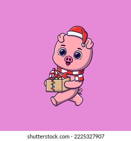 Cute pig carrying a box of Christmas decoration
