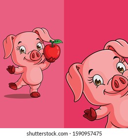 Cute pig carrying a red apple, with different display angle position, Hand drawn