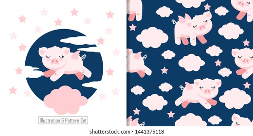 cute pig cartoon animal seamless pattern with illustration card set