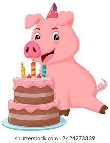 Caricatura de cerdo lindo con la ilustración vectorial del pastel de cumpleaños. Icono de la naturaleza animal Concepto Vector Premium aislado