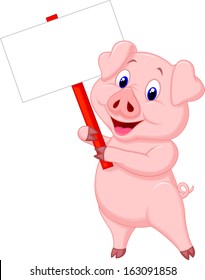 Cute pig cartoon with blank sign