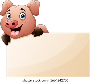 Cute pig cartoon with blank signboard