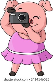 Cute pig cartoon with camera on white background