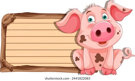 Cute pig cartoon character beside a blank sign