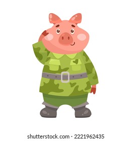 Cute pig cartoon character in camouflage cartoon illustration. Serious animal soldier in military uniform saluting officer. Army, zoo, warrior concept