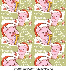 cute pig cartoon character Christmas seamless pattern