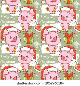 cute pig cartoon character Christmas seamless pattern