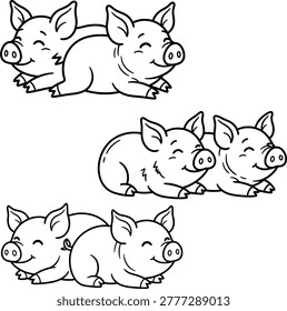 Cute Pig Cartoon Character Collection Outline Illustration