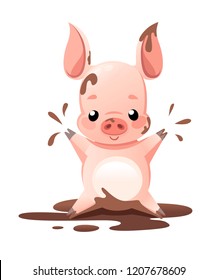 Cute pig. Cartoon character design. Little pig play in mud. Bathing animal. Flat vector illustration isolated on white background.