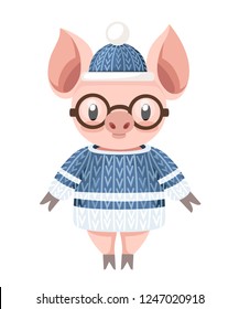 Cute pig. Cartoon character design. Little pit with knitted blue sweater and hat. Pink animal mascot with winter clothes. Flat vector illustration isolated on white background.
