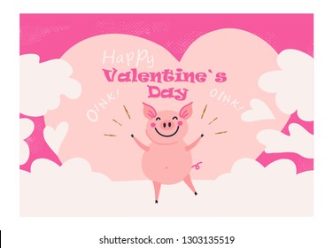 Cute pig cartoon character. Happy Valentine`s Day card with piglet. Vector illustration.