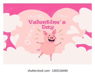 Cute pig cartoon character. Happy Valentine`s Day card with piglet. Vector illustration.