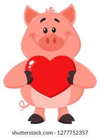 Cute Pig Cartoon Character Holding A Valentine Love Heart. Vector Illustration Flat Design Isolated On White Background