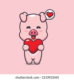 cute pig cartoon character holding love heart