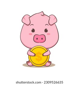 Cute pig cartoon character holding big dollar coin. Adorable animal concept design. Isolated white background. Vector art illustration.