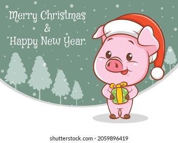 cute pig cartoon character with merry christmas and happy new year greeting banner