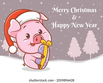 cute pig cartoon character with merry christmas and happy new year greeting banner