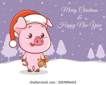 cute pig cartoon character with merry christmas and happy new year greeting banner