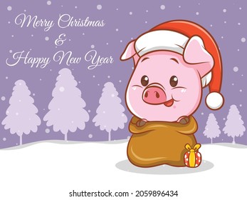 cute pig cartoon character with merry christmas and happy new year greeting banner