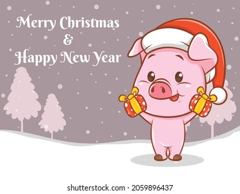 cute pig cartoon character with merry christmas and happy new year greeting banner
