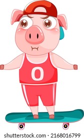 Personaje de dibujos animados de cerdo con dibujos de skateboard