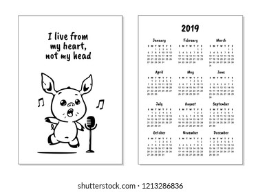 Cute pig cartoon character. Pocket calendar 2019 with pig. Inspirational quote, motivation. Vector illustration for prints, posters, calendars, t-shorts and greeting cards.