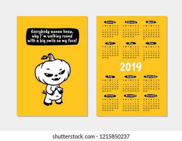 Cute pig cartoon character. Pocket calendar 2019 with pig. Inspirational quote, motivation. Vector illustration for prints, posters, calendars, t-shorts and postcards.