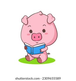 Cute pig cartoon character reading a book. Adorable animal concept design. Isolated white background. Vector art illustration.