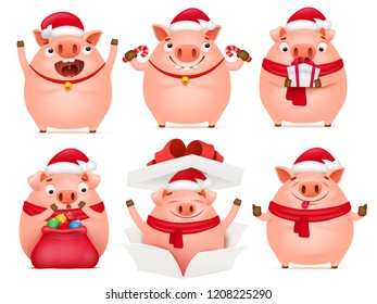 cute pig cartoon character set. Template for new year card. Vector illustration